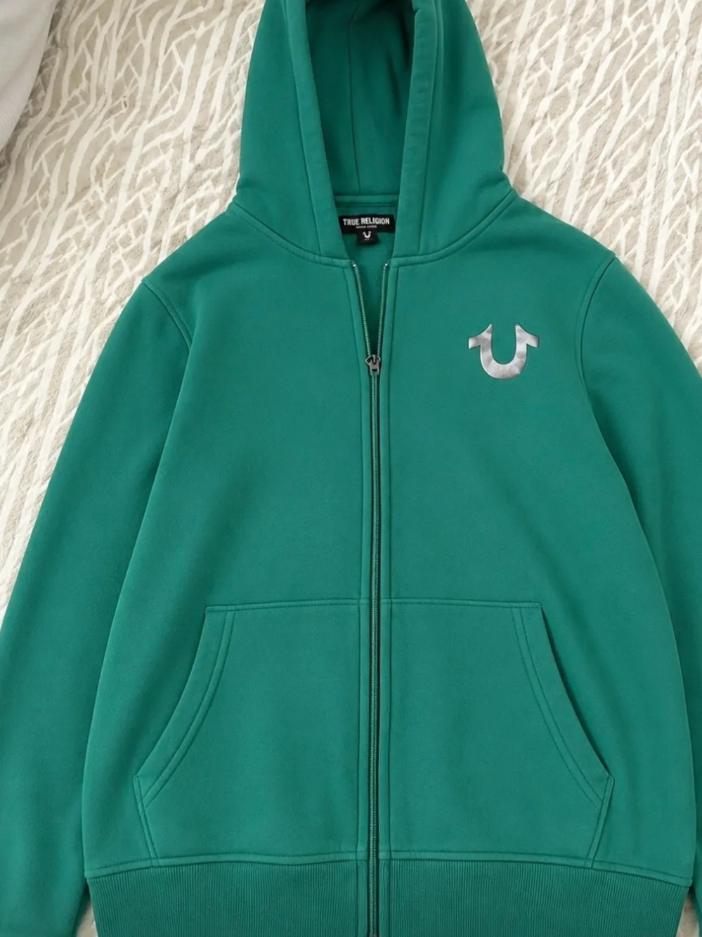 True Religion Mens Teal Full-Zip Hoodie with Silver Logo
